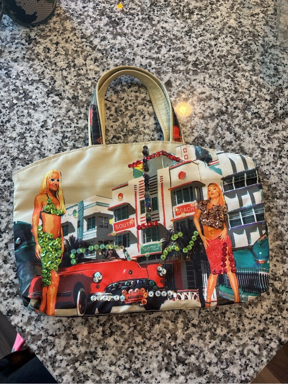 Sequin-Embellished Mini Beach Scene Tote in Multi-Color